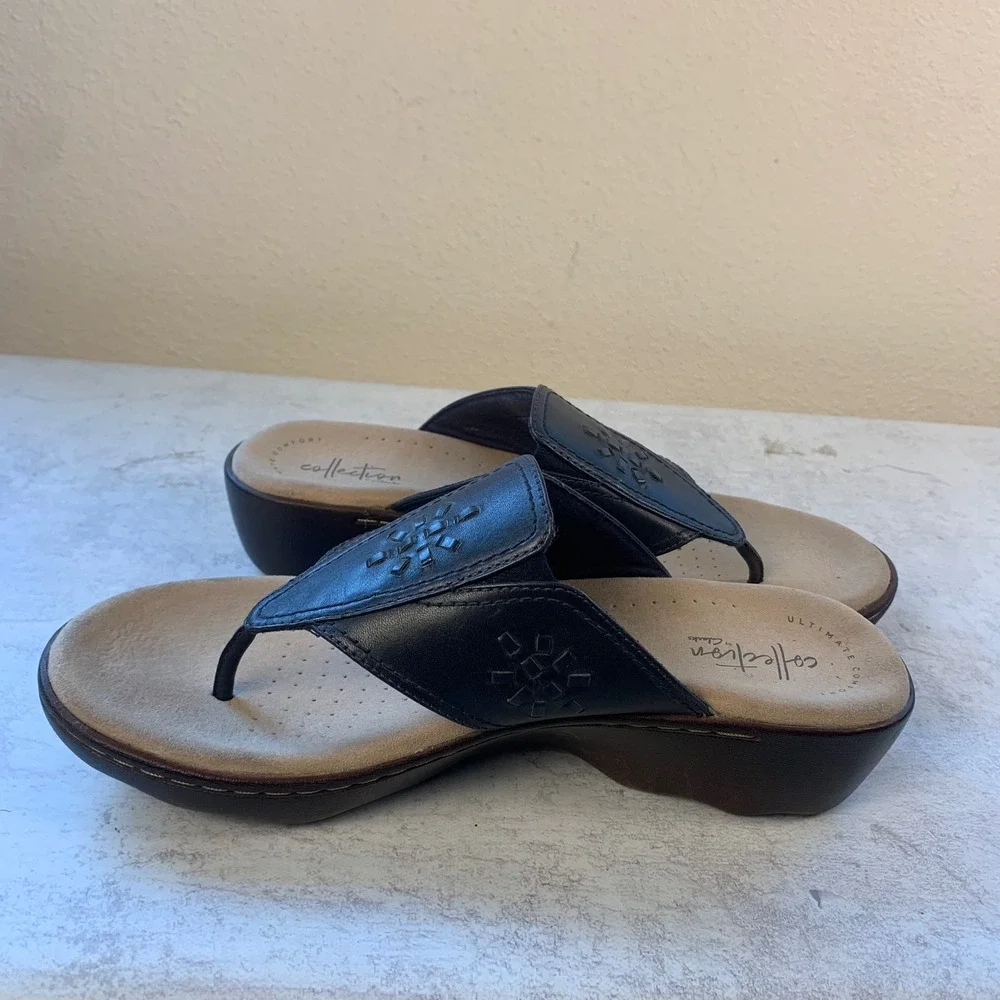 Clarks 8 Sandals Dark Gray Arla Glison Thong Wedge Comfort 261406874055